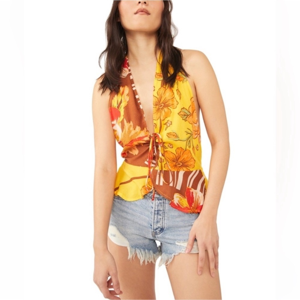 Free People Yellow and Brown Floral Halter Top